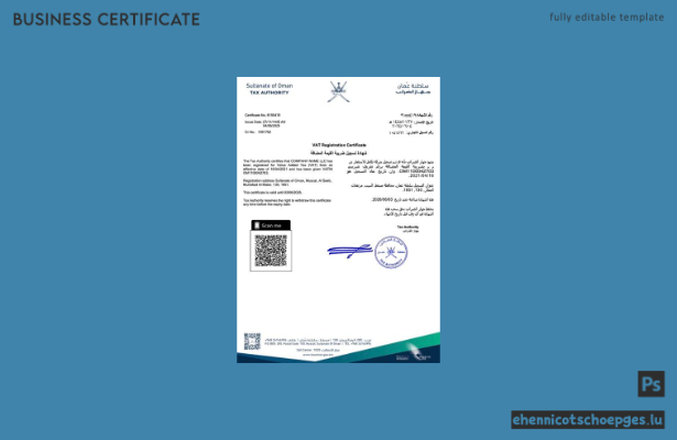 Beispiel- und PDF-Vorschau des omanischen Mehrwertsteuer-Registrierungszertifikats